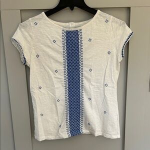 Talbots White Short Sleeve Tee with Blue Embroidered Panel